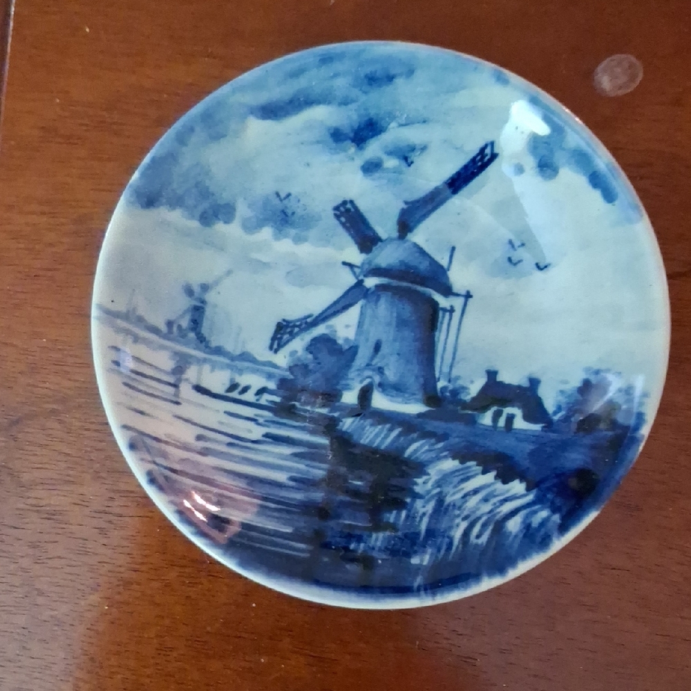 Vintage Hand Painted Delft Blue Windmill  Plate, 3 Inches
